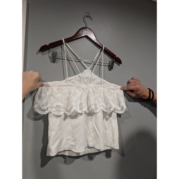 Anthropologie Ruffled Halter Eyelet Tank Blouse Top Ruffle White Womens Sz L - Picture 2 of 16
